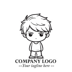 Black and White Chibi Boy Illustration with Jacket and Boots in Bold Thick Line Art Minimal Style