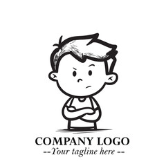 Black and White Chibi Boy Illustration with Jacket and Boots in Bold Thick Line Art Minimal Style