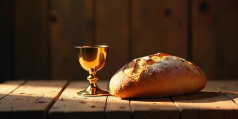 Obraz premium Golden chalice and loaf of bread on wooden table with dramatic lighting
