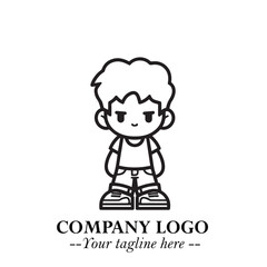 Black and White Chibi Boy Illustration with Jacket and Boots in Bold Thick Line Art Minimal Style