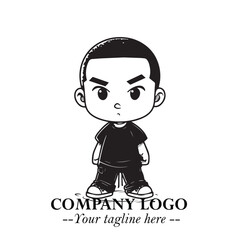 Black and White Chibi Boy Illustration with Jacket and Boots in Bold Thick Line Art Minimal Style