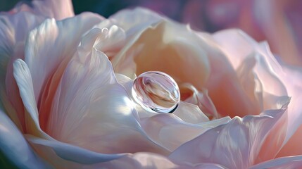 Close-up of a delicate water drop on a soft pink rose petal, creating a beautiful romantic and gentle atmosphere, nature beauty and purity concept.