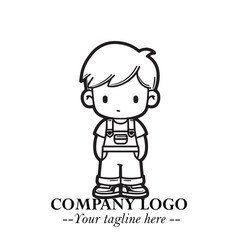 Black and White Chibi Boy Illustration with Jacket and Boots in Bold Thick Line Art Minimal Style