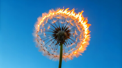 Burning dandelion against blue sky. Symbol of fragility of life, destruction, and fleeting beauty. Social problems, environmental campaigns, mental health concepts, or emotional design projects.