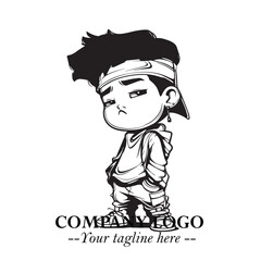 Black and White Chibi Boy Illustration with Jacket and Boots in Bold Thick Line Art Minimal Style