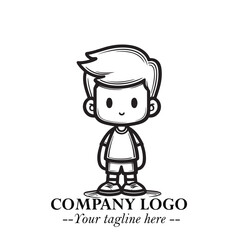 Black and White Chibi Boy Illustration with Jacket and Boots in Bold Thick Line Art Minimal Style
