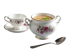Fototapeta premium Vintage Porcelain Tureen and Teacup Set with Spoon – Classic Dining PNG