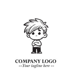 Black and White Chibi Boy Illustration with Jacket and Boots in Bold Thick Line Art Minimal Style