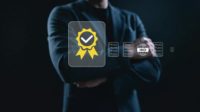 4k Businessman selecting quality assurance certification icon on virtual screen. Concept of ISO standards, compliance, quality control, and business process improvement in corporate governance