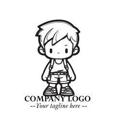 Black and White Chibi Boy Illustration with Jacket and Boots in Bold Thick Line Art Minimal Style