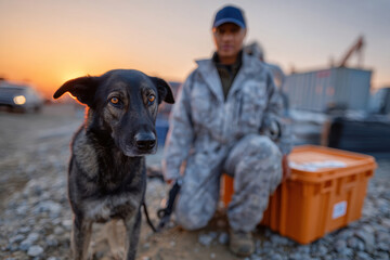 A powerful image captures a trained dog and its handler during dawn, symbolizing partnership and readiness. The warm light enhances the connection between them.