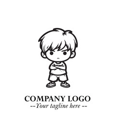 Black and White Chibi Boy Illustration with Jacket and Boots in Bold Thick Line Art Minimal Style