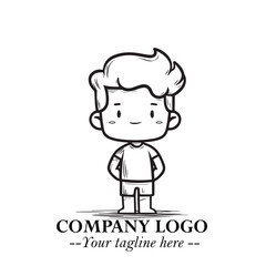 Black and White Chibi Boy Illustration with Jacket and Boots in Bold Thick Line Art Minimal Style