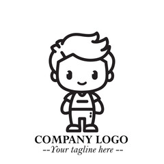 Black and White Chibi Boy Illustration with Jacket and Boots in Bold Thick Line Art Minimal Style