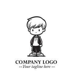 Black and White Chibi Boy Illustration with Jacket and Boots in Bold Thick Line Art Minimal Style