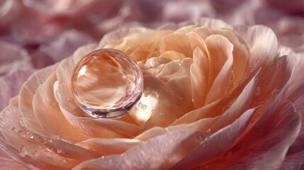 Close-up of a delicate water drop on a soft pink rose petal, creating a beautiful romantic and gentle atmosphere, nature beauty and purity concept.