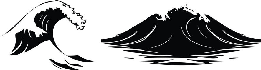 Dynamic black and white illustration featuring powerful crashing waves isolated on transparent background