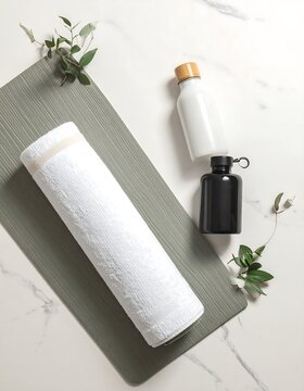 Minimalist Spa Setup with Towel and Water Bottles.