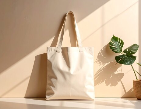 Minimalist Tote Bag Mockup with Plant and Sunlight.