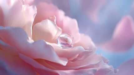Close-up of a delicate water drop on a soft pink rose petal, creating a beautiful romantic and gentle atmosphere, nature beauty and purity concept.