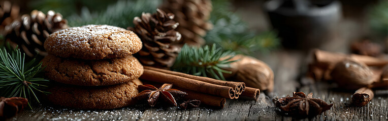 Christmas background - Natural decoration with cinnamon cookie, pine cones and twigs - Banner, Header with copy space for Xmas or Advent themes