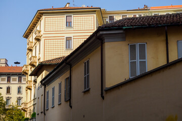 Old residential buildings along via Cirillo, near corso Sempione in Milan, Italy