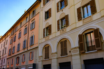 Fototapeta premium Old residential buildings along via Cirillo, near corso Sempione in Milan, Italy