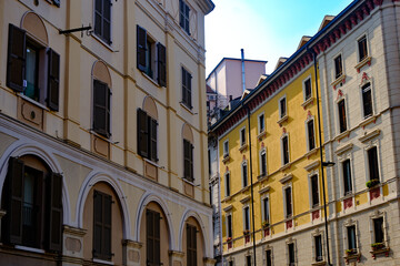 Old residential buildings along via Cirillo, near corso Sempione in Milan, Italy