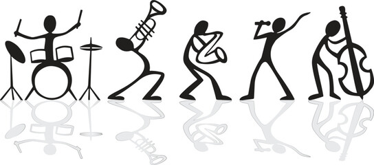 Stylized Black Silhouettes of a Jazz Band Performing with Reflections musicians black and white