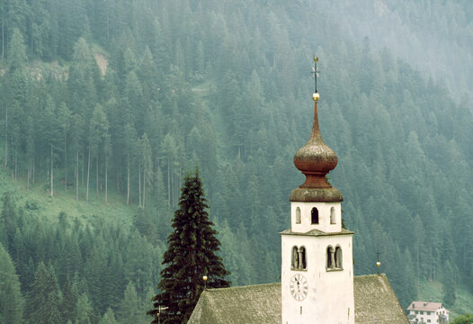 Andraz, old village along the road to Falzarego pass, Dolomites: belfry