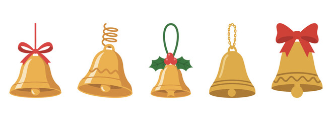 Collection of five festive golden Christmas bells decorated with ribbons, holly, and chains, vector illustration for holiday season, decoration, or musical elements isolated on white background.
