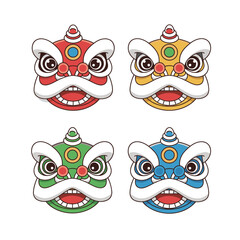 Fototapeta premium Set of four colorful Chinese Lion Dance heads in red, yellow, green, and blue, cartoon vector illustration for Lunar New Year, Chinese culture, or festival celebration isolated on white background.