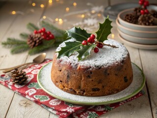 Obraz premium Festive preparation of a christmas fruitcake with icing sugar holly leaf decoration rustic wooden table holiday decor cozy atmosphere detailed perspective for seasonal celebrations