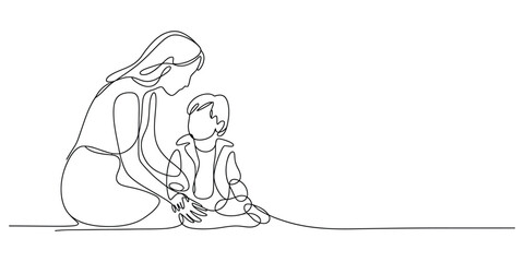 Mother and child sitting together, Simple continuous line drawing