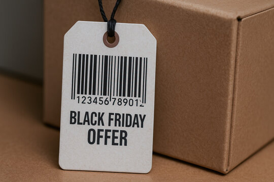 Black Friday offer price tag with barcode hanging from string on brown cardboard box, promotional retail concept with minimalist packaging and sale message