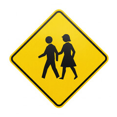 Yellow diamond-shaped school crossing warning sign with walking children figures, isolated on a white background for traffic safety and regulations