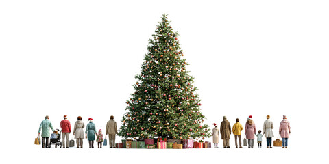 Diverse group of people admiring a large Christmas tree with gifts Festive holiday scene with families enjoying the Christmas spirit and decorations