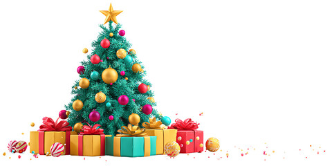 Festive Christmas Tree with Colorful Ornaments and Wrapped Gifts on Black Background Concept of Holiday Season, Celebration, and Decoration