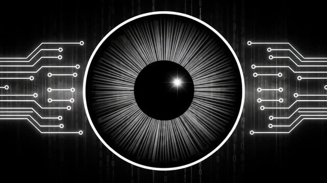 Abstract eye illustration with circuit board elements and digital background