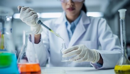 Close-up of a female scientist in a lab coat and gloves carefully using a pipette to transfer yellow liquid into a small glass bottle.