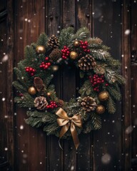 Fototapeta premium Creating a festive atmosphere with a christmas wreath on a rustic wooden front door showcasing red berries pine cones golden ribbons and evergreen foliage