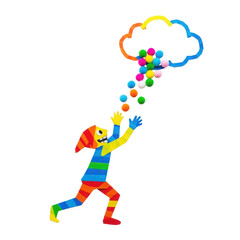 Fototapeta premium Colorful Playful Character Reaching for a Cloud of Pom Poms Fun Illustration