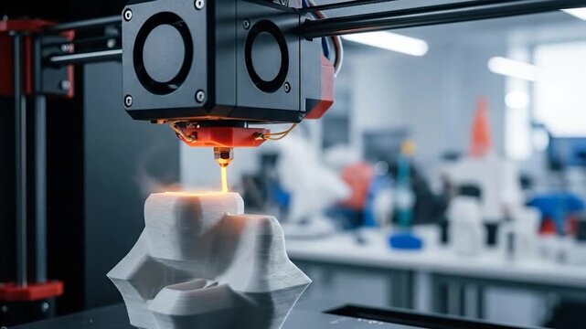 Advanced three dimensional printer actively creating a new prototype object through additive manufacturing process in a bright modern laboratory