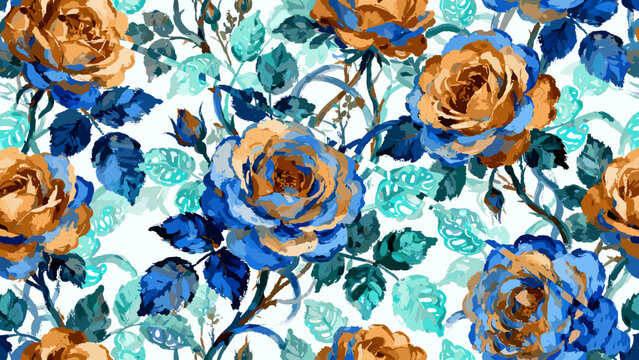 Maximalist Floral Seamless Pattern in WGSN SS26 Colors Amber Haze and Jelly Mint