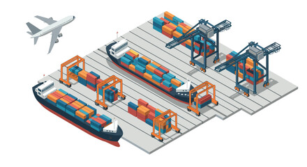 Naklejka premium Modern isometric cargo port with shipping containers and aircraft