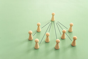 Wooden figures and cubes with connecting lines. Idea of collaboration and teamwork