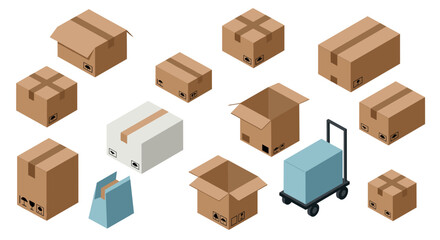 Fototapeta premium Isometric cardboard boxes and cart on white background for packaging and delivery concepts