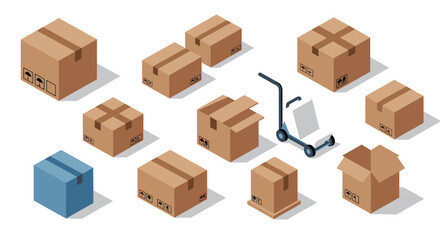 Fototapeta premium Isometric cardboard boxes with hand truck on white background shipping and logistics concept
