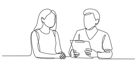Two people talking, one holding a clipboard continuous line drawing