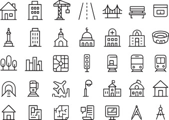 Fototapeta premium Urban development, city infrastructure, and planning line icons Vector